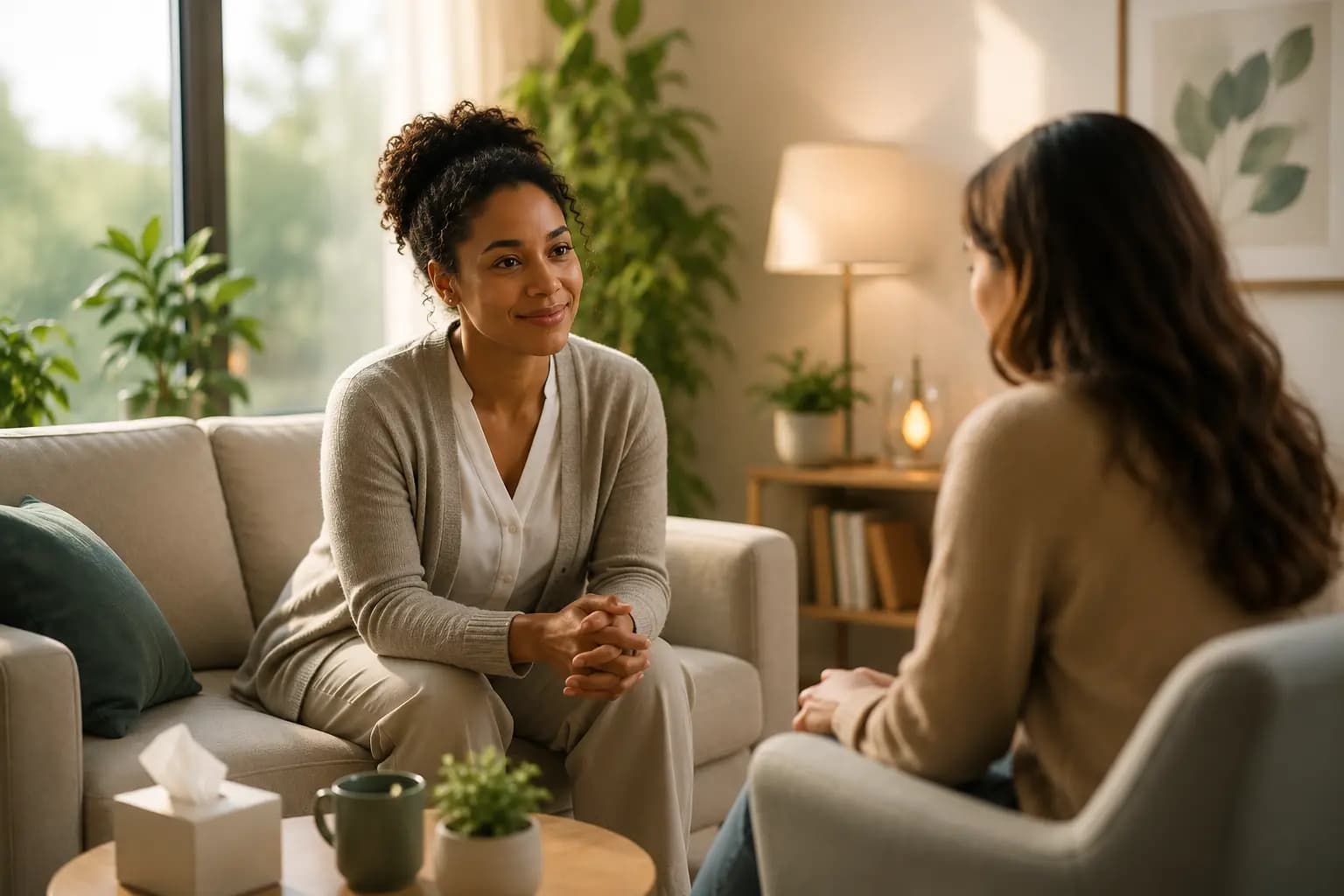 A clinician and a patient in a warm, softly-lit therapy session